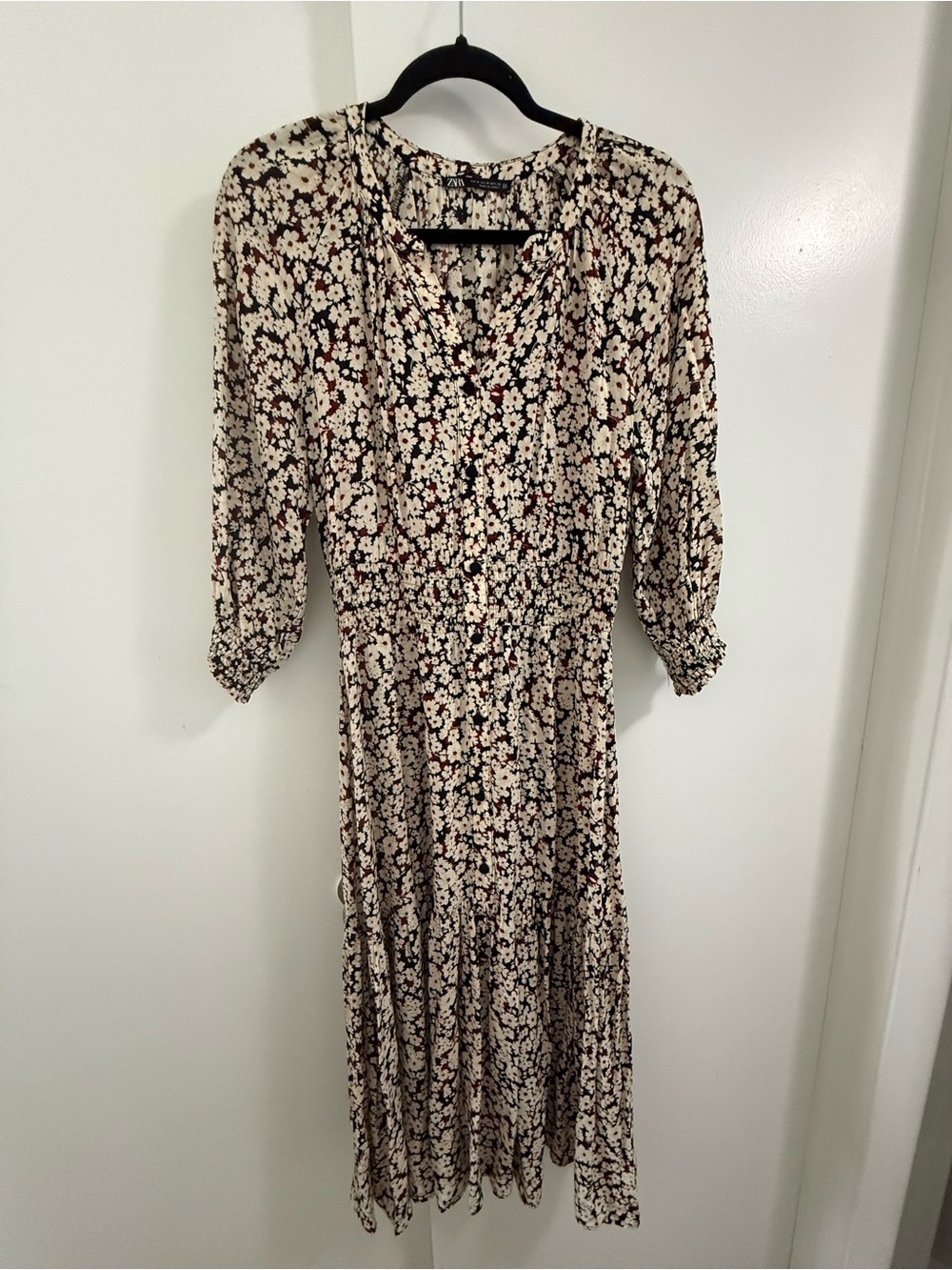 Zara Cream Midi Dress with Black and Brown Floral Print